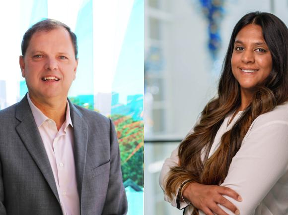 Side-by-side photos of Joel Kostka and Titiksha Fernandes