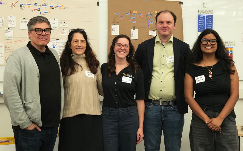 Five people stand side by side in a meeting or workshop space with large planning boards displayed behind them. The boards are covered with flowcharts, diagrams, handwritten notes, and sticky notes outlining process maps and project planning information. The group is positioned in front of the displays, with name tags visible.